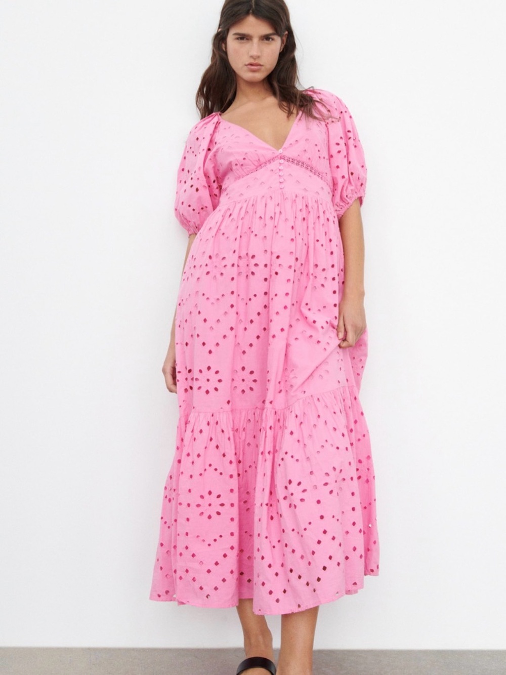 Pink Eyelet Puff Sleeve Maxi Dress